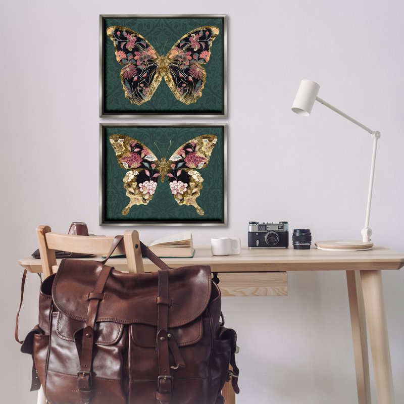 "Floral Butterfly", ensemble de 2 toiles flottantes encadrées par Victoria Barnes, H 17 po x l 21 po