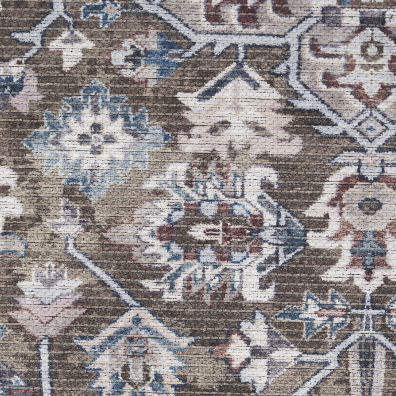 Tapis oriental ivoire / olive en coton / polyester lavable à la machine, Rond 5 pi 3 po