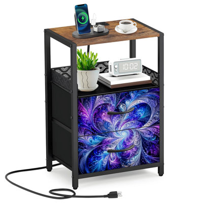 2 Fabric Drawers Night Stand with Charging Station Abstract Elegance Teal Violet Bedroom Bedside Table End Table with Open Shelf USB Ports and Outlets