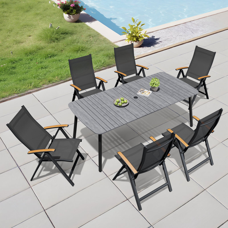 Ensemble de salle à manger rectangulaire pour patio pour 6 personnes avec trou pour parasol, structure en aluminium et fauteuils inclinables pliés L 81,5 po x l 38 po