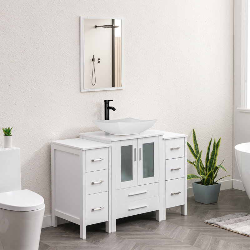  Ensemble de meuble-lavabo double 48 po avec comptoir en bois manufacturé, lavabo vasque, robinet, miroir non inclus, Blanc