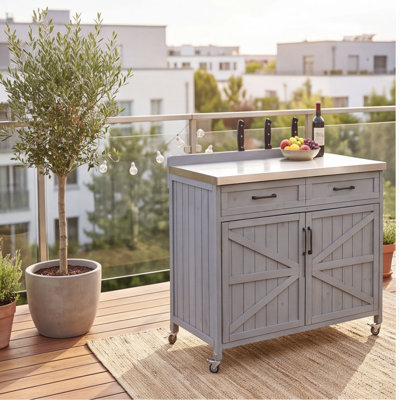 K&K 39.4" Outdoor Kitchen Island with Stainless Steel Top, Grey Blue – Mobile Prep Station with Storage Cabinet, Drawer, Adjustable Shelves, Knife Holder & Locking Wheels