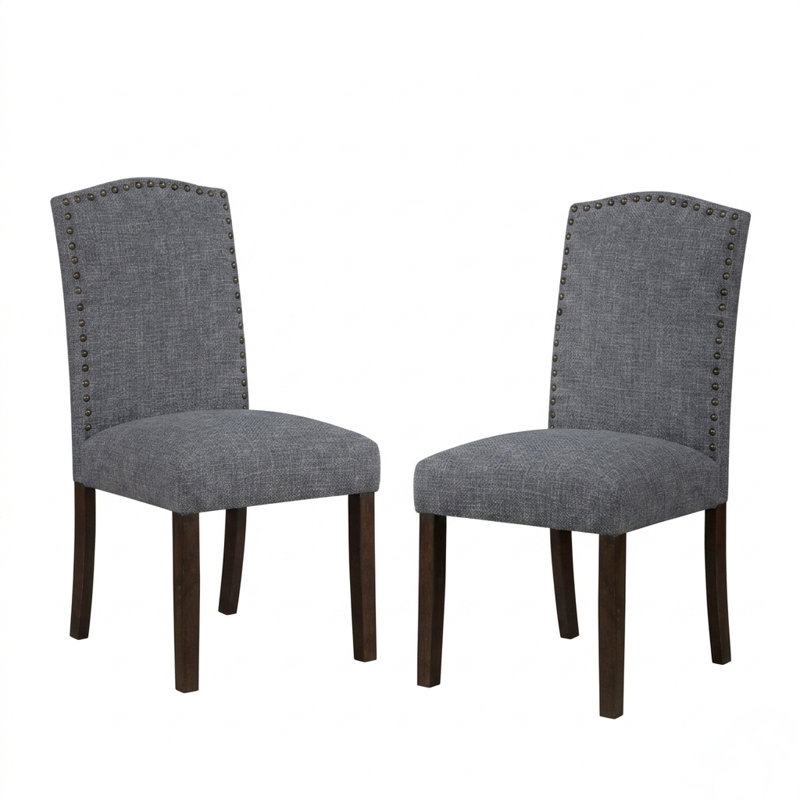 Chaise de salle à manger rembourrée Parsons avec garniture cloutée et pieds en bois brossé, Gris foncé