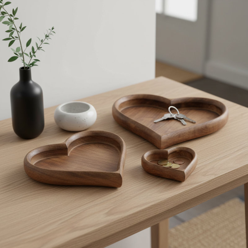 Handcrafted Heart-Shaped Ottoman Tray with Rich Wood Grain Detail – Decorative Tray for Centerpieces and Coffee Table Tray for Home Decor – Accent Tray Ideal for Organizing Essentials – Set of 3, 14"