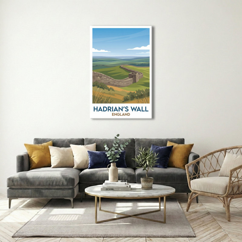 Hadrian's Wall, England - Romantic Travel Poster Of Roman Ruins And Rolling Northumberland Hills. Giclée Print On Wrapped Canvas. Wall Art, Home Decor - Historic Sites & Ruins, England - Wrapped Canvas Print
