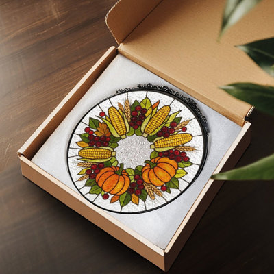 Couronne de récolte d'automne avec panneaux de vitrail de baies de maïs citrouilles baies vitrail pour décoration de fenêtre
