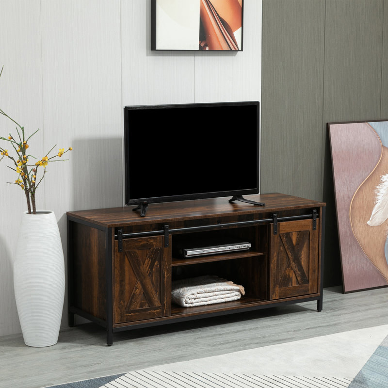 Meuble télé Gracie Oaks pour téléviseur de 60 po ou moins, console de télévision avec rangement et 2 portes de grange coulissantes, unité de divertissement autoportante pour le salon, brun