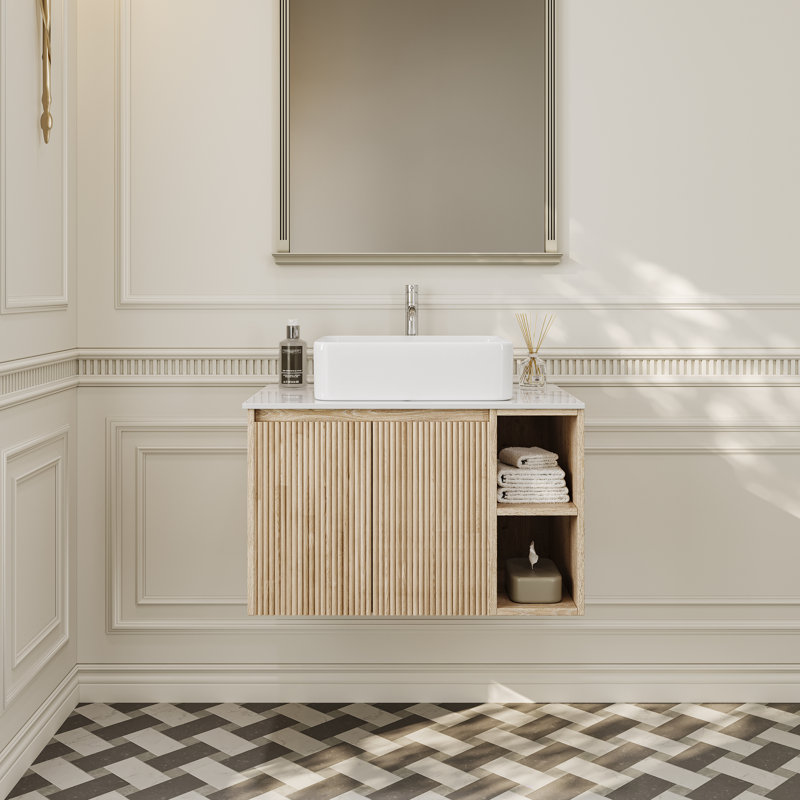 Meuble-lavabo mural de 76 cm avec lavabo en céramique, armoire en bois cannelé, meuble-lavabo suspendu avec étagères ouvertes et rangement dissimulé, fini chêne naturel