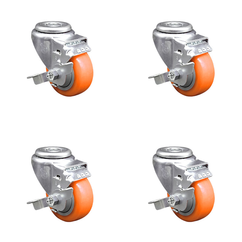 Ensemble de roulettes pivotantes en polyuréthane avec trou de roue 3 pouces avec frein SCC, Orange