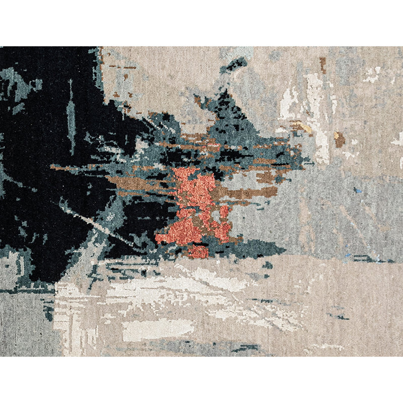 Hand Knotted Abstract Area Rug in Beige/Black/Blue, Rectangle 8' x 10'
