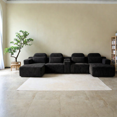 Compression Sofas with Storage, Black Corduroy Modern Large Home Theater