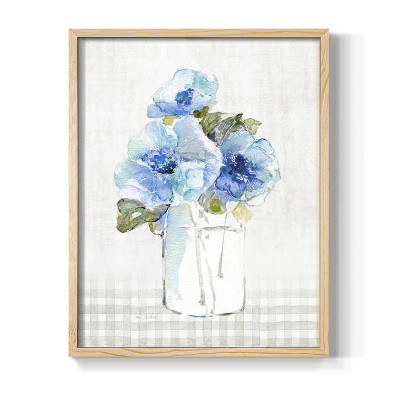 «Gingham Blue Flowers I», reproduction encadrée - bois massif, H 11 po x l 9 po