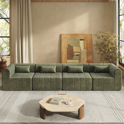 145.5" Modular Full-Compressed Sectional Sofa, 4-Piece Polyester Upholstered Couch with High-Density Foam, No Assembly Required for Large Living Rooms
