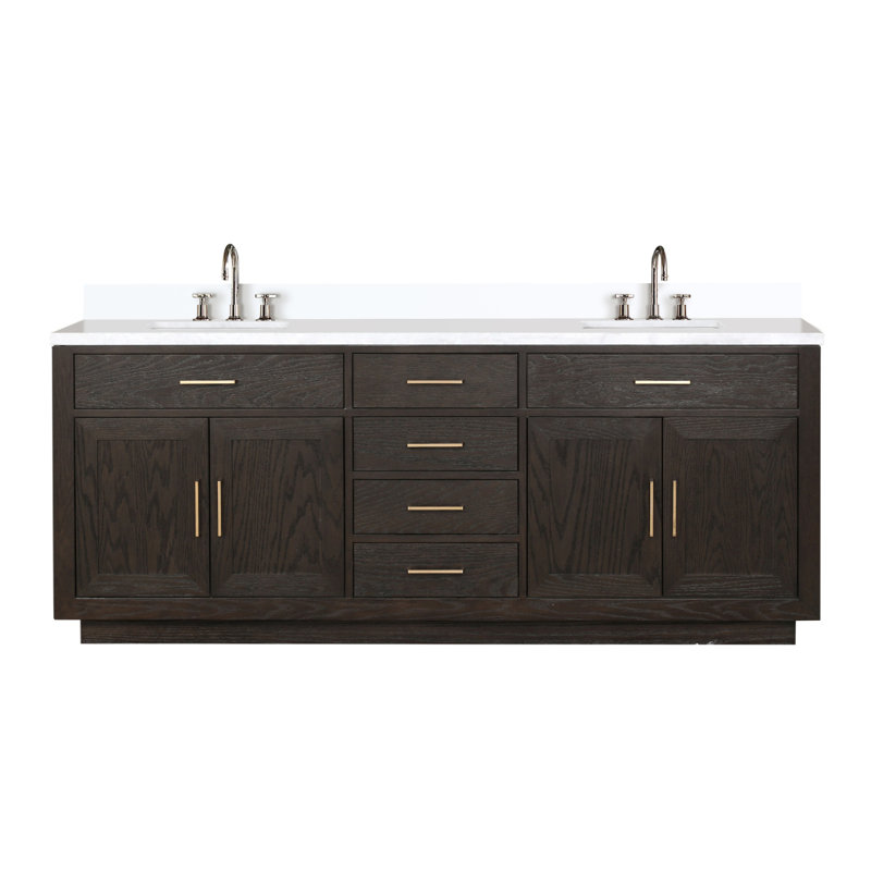 Meuble-lavabo double en chêne brun 84 po X P 22 po D, dessus en quartz blanc et ensemble de robinet, Chêne brun