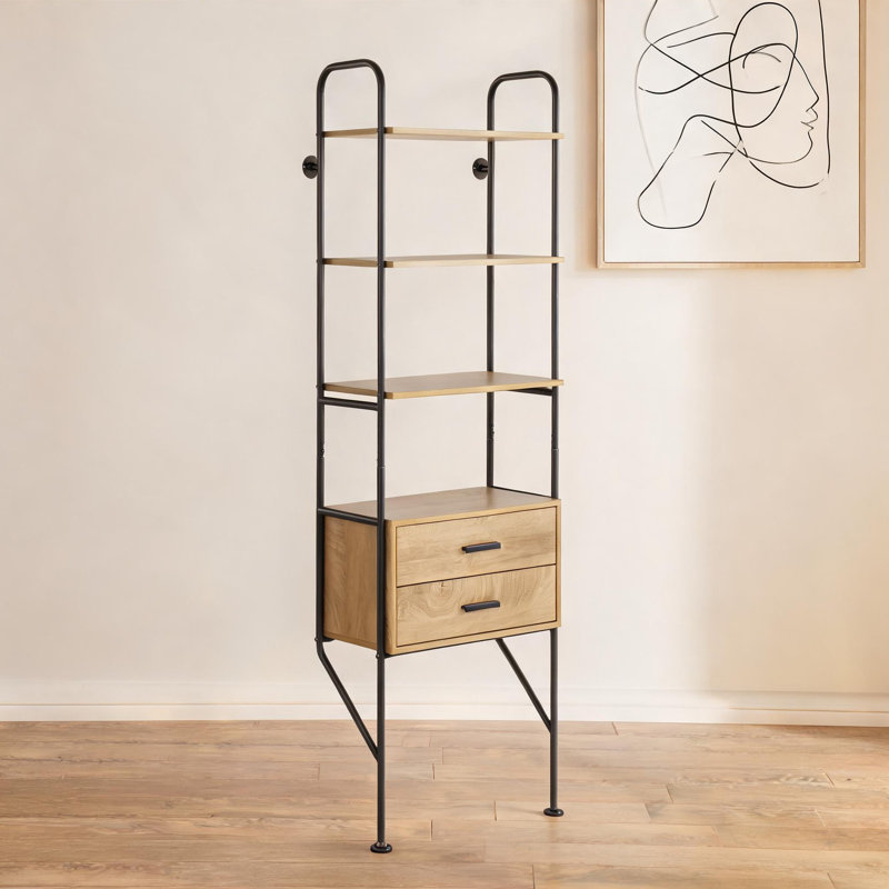 Bibliothèque de rangement riche en bois brun et en métal noir, étagères murales à 5 tablettes pour une présentation et une organisation à la maison, style industriel
