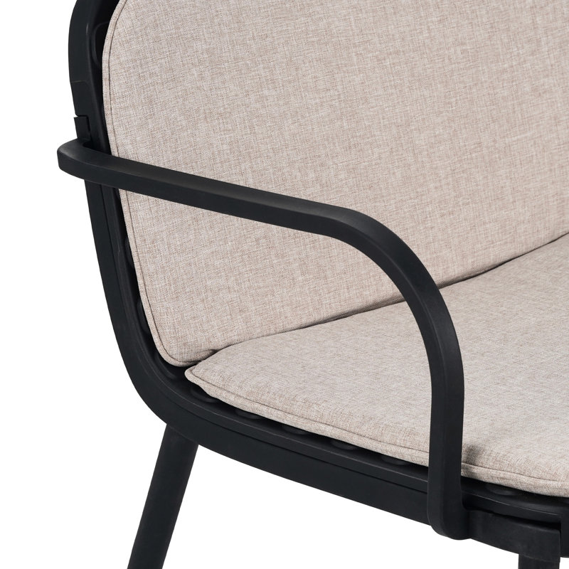 Chat extérieur, structure noire, coussin beige, ergonomique, coussins à décoloration, jardin, sièges confortables, peu d'entretien