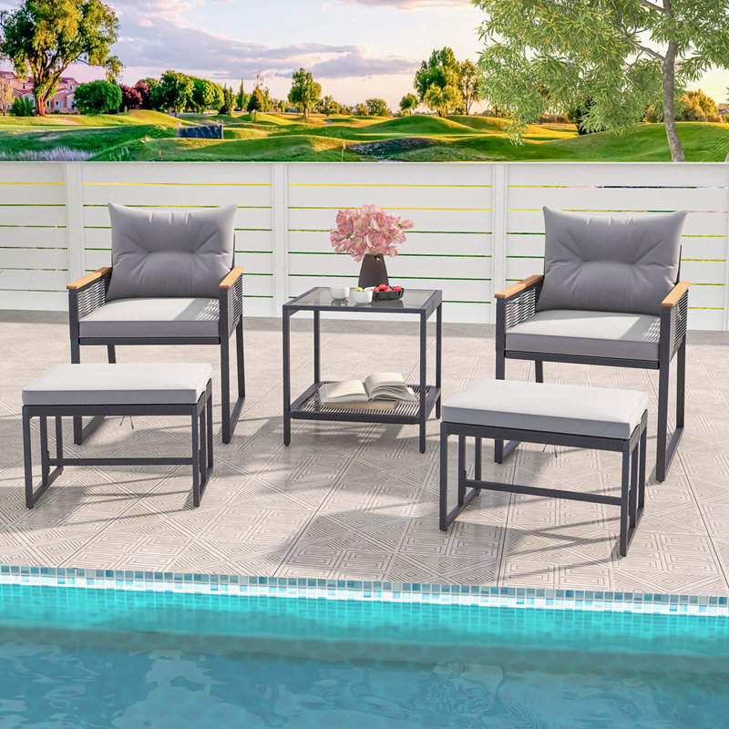 5 Piece Outdoor Conversation Set Rattan Armchairs With 2-Layer Coffee Table