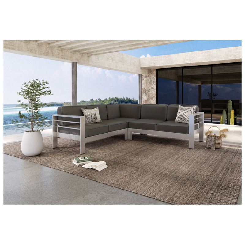 Ensemble modulaire d'extérieur en aluminium pour 4 personnes avec tissu imperméable de couleur kaki et gris argenté