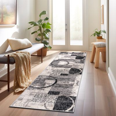 Tapis moderne performance gris, ivoire et bleu à motif abstrait Fanton