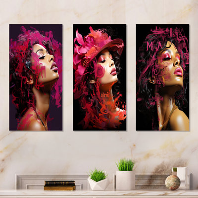 Magenta Woman Portrait Memoirs - Woman Metal Prints Set Of 3