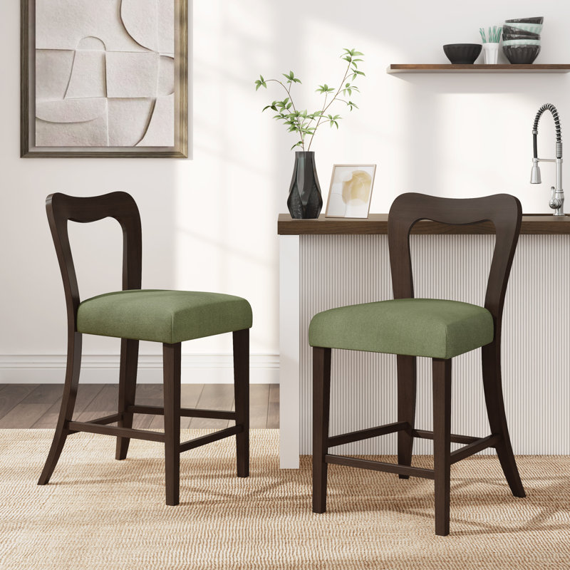 Coen 25.5" Seat Height Rubberwood Counter Stools With Curved Back, Green Cushion/Dark Brown Frame