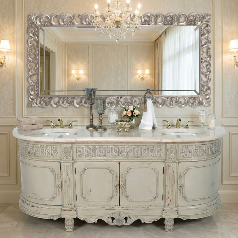 Meuble-lavabo double 86 po Voegele Parchment, Blanc parchemin / blanc cassé