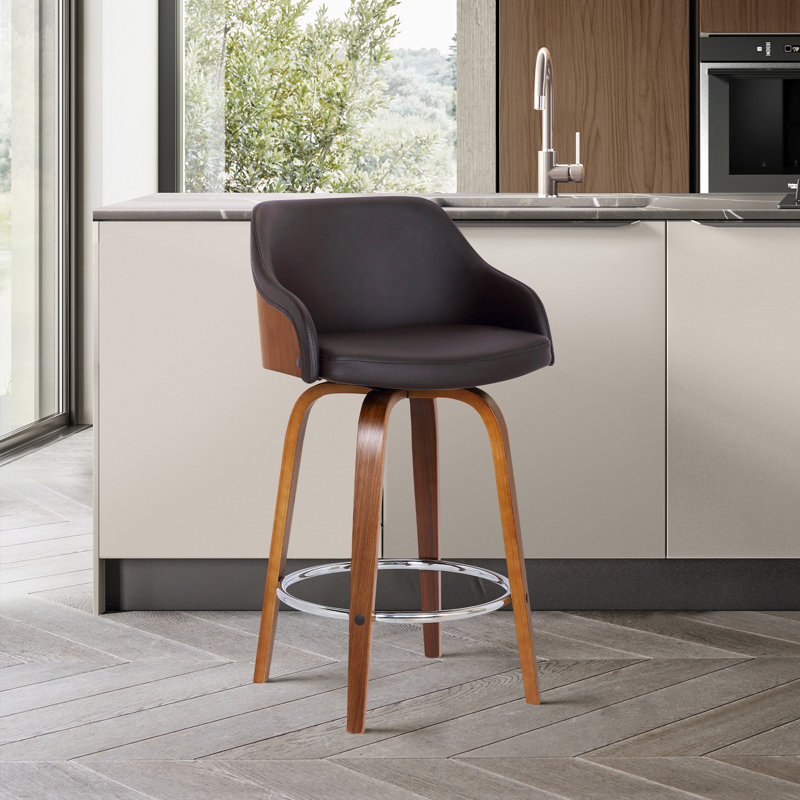 Aiken Mid-century Modern Swivel Counter or Bar Height Bar Stool in Faux Leather and Wood, Brown, Walnut, 76cm