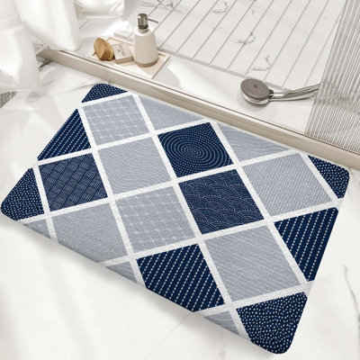 Tapis de bain moderne à motif géométrique, tapis de sol antidérapant en flanelle à motif de losanges bleu marine et gris minimaliste pour paillasson de salon, tapis d'extérieur abstrait Boho Farmhouse, 24 po x 36 po