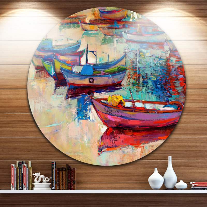 Bateaux et océan - art mural rond en métal paysage marin, H 23 po x l 23 po x P 1 po, Métal