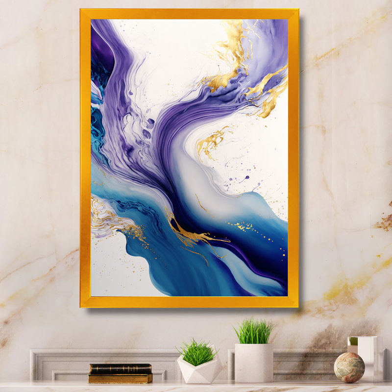 «Blue and Gold Splash Paint VI», peinture sur toile, Impression dorée sur toile encadrée, H 32 po x l 24 po x P 1 po