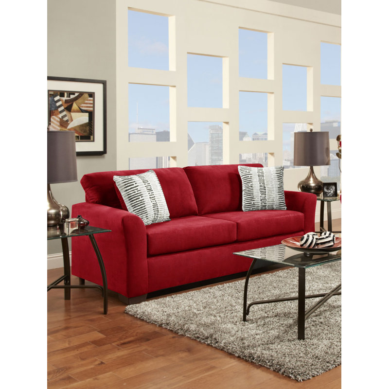 Canapé Elinaire, 3, Microfibre / suédine rouge, Noir / rayures gris clair