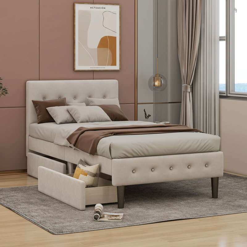 Upholstered Standard Bed with Drawers, Beige