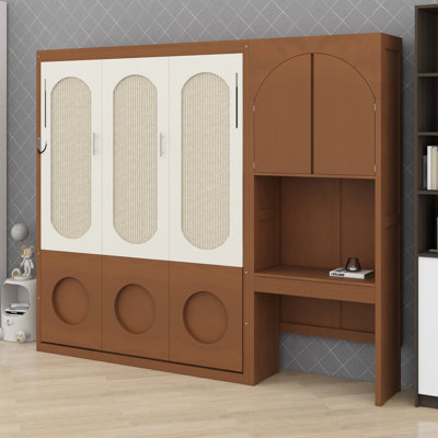 Lit escamotable avec armoire de rangement latérale, bureau intégré, tiroirs et éclairage ambiant pour les bureaux à domicile
