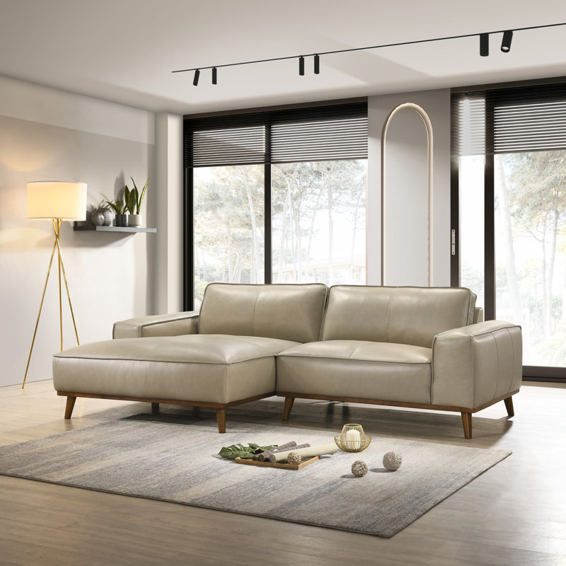 99" Blayke Genuine Leather Sectional Mid-Century Modern L-Shaped Sofa with Chaise, Beige, Left Hand Facing
