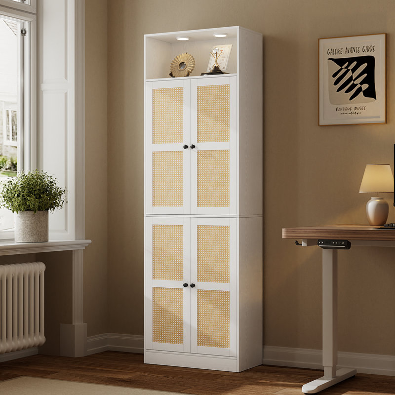 85.8" H X 23.6" W 7-Tier Large Rattan Wood Storage Bookcase, Bookshelf With Storage Cabinet and White Downlights For Living Room, Study