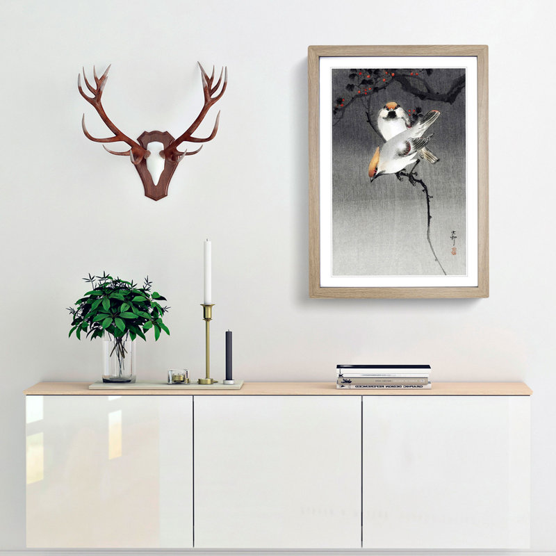 Bohemian Waxwing Birds by Ohara Koson - Framed Print, Oak Framed, 48cm H x 36cm W x 2cm D