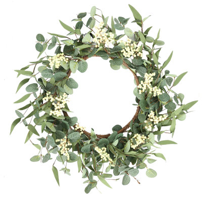 Artificial Eucalyptus Wreath for Front Door, Greenery Farmhouse Wreath with White Berries