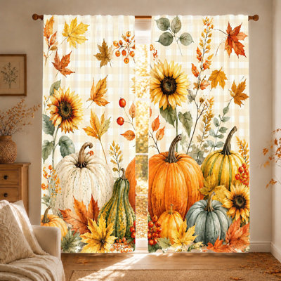 2Pcs Autumn Harvest Pumpkins and Sunflowers Curtains, light filtering fabric, vintage plaid pattern, sunshade privacy protection, rod-pocket design, suitable for living room, bedroom, kitchen home decoration