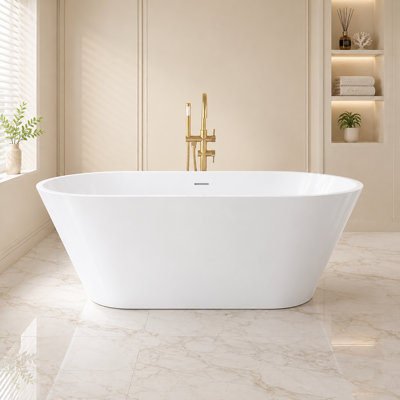 Baignoire autoportante ovale 51 po en acrylique blanc brillant avec trop-plein encastré et bonde centrale pour les petites salles de bain