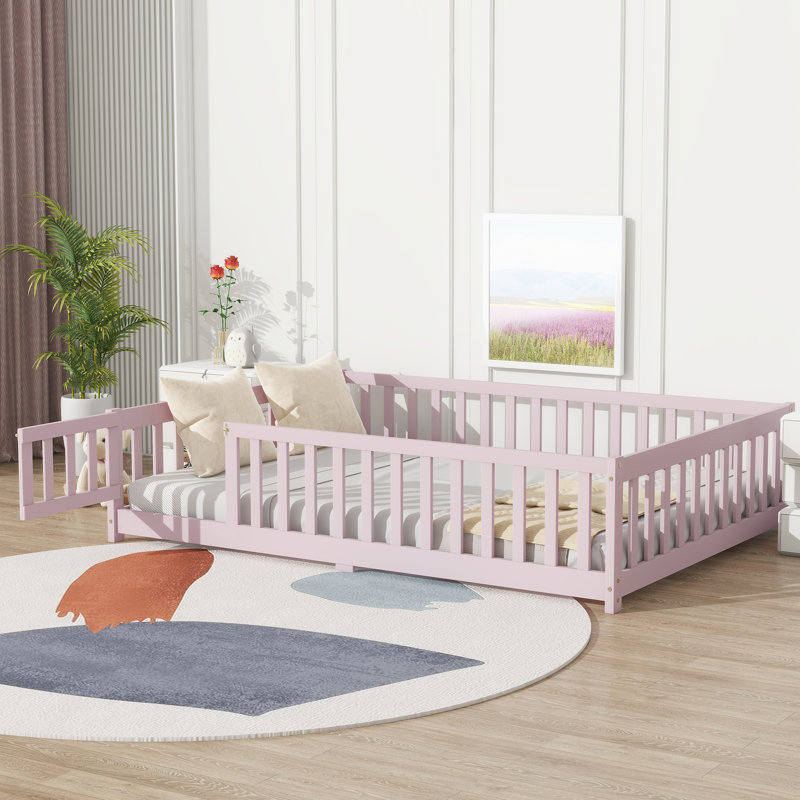 Ensemble de lit de sol moderne Twinkle avec porte, bois d'hévéa et garde-corps de sécurité, Double, Rose