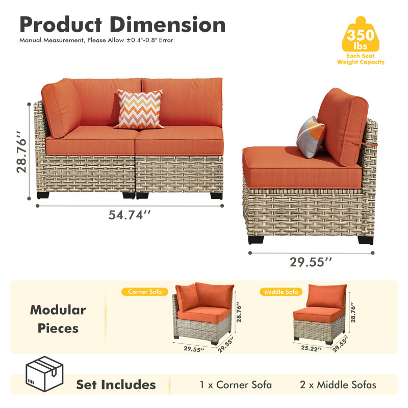 3-Piece Wicker Modular Patio Conversation Set With Cushions, Orange/Red