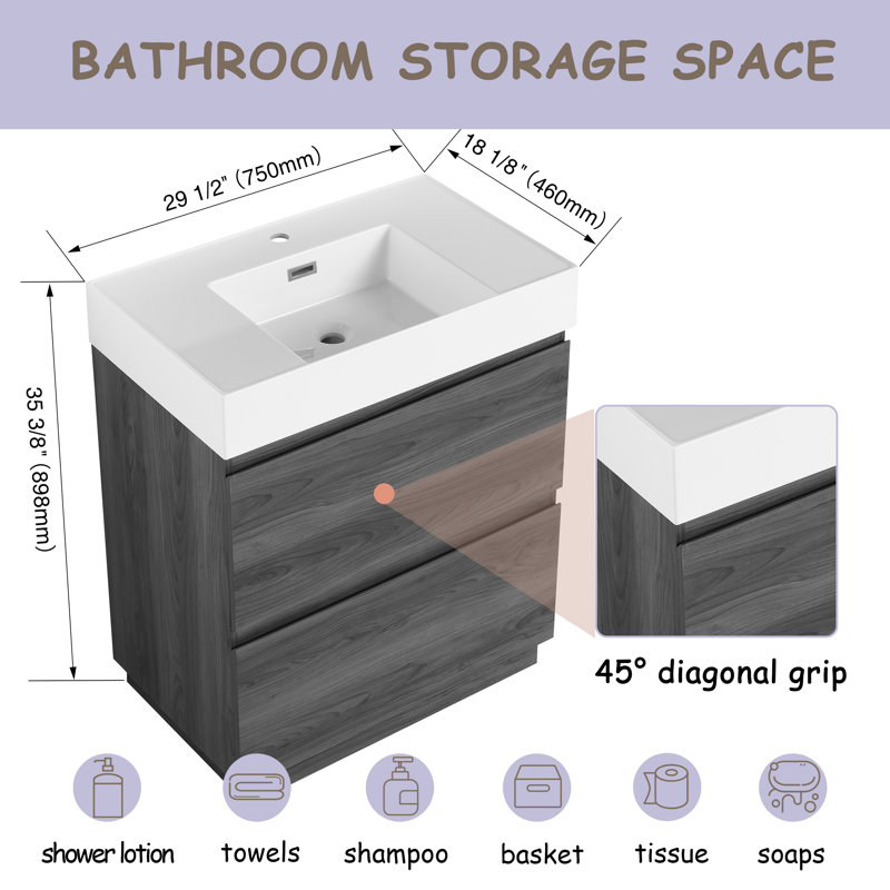Meuble-lavabo sur pied 30 po avec lavabo en résine, meuble-lavabo à deux tiroirs 30 po, Chêne