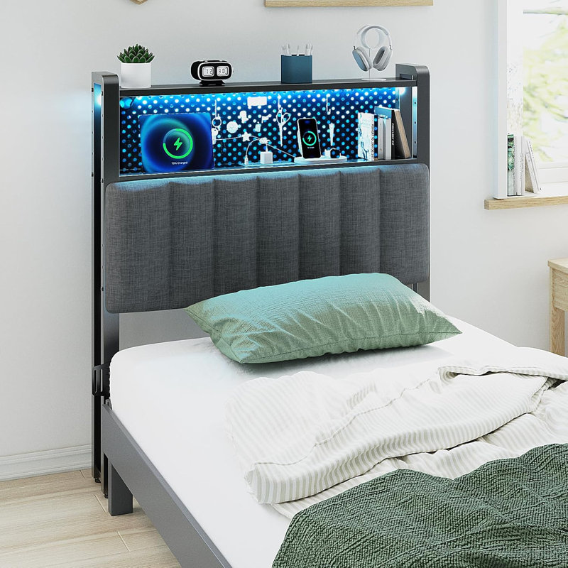 Twin Or Twin XL Size Headboard, Adjustable Upholstered Headboard With 2 Tier Shelves And Pegboard With Charging Stations And LED Lights, Modern Bed Headboard With Storage Linen And Dark Gray