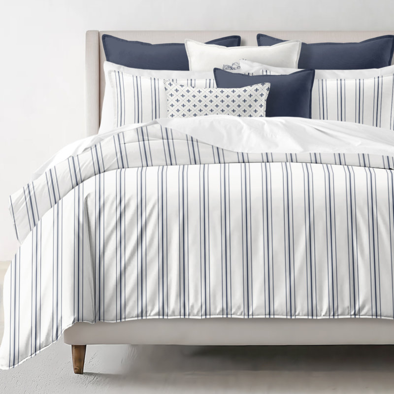 August Stripe Reversible Cotton Duvet Cover Set, Queen Duvet Cover + 2 Queen Shams, Denim