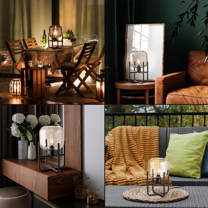 Modern Smoked Glass Table Lamp With LED Bulb, E12 Base, Decorative Accent Lighting