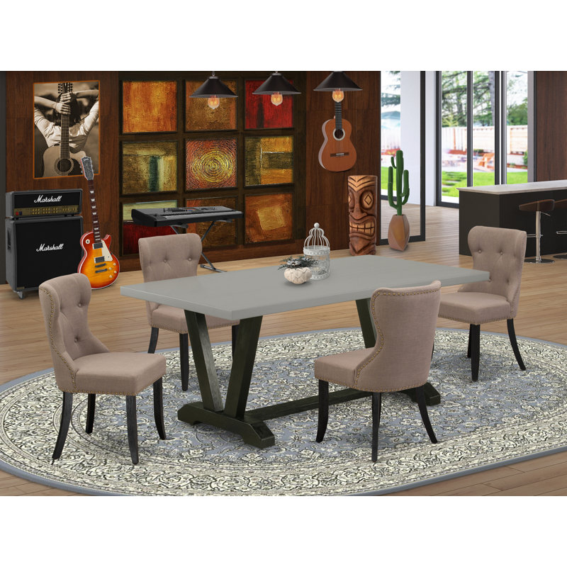 Cet ensemble de salle à manger 5 pièces comprend une table Mid-Century en lin blanc cassé et 4 chaises Parson en tissu Limelight au fini jacobien vieilli