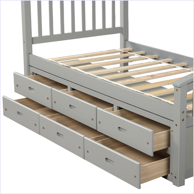 Twin Size Platform Storage Bed Solid Wood Bed With 6 Drawers, Grey