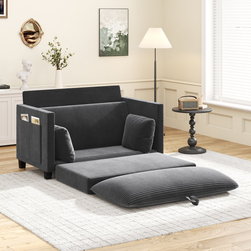51" Convertible Sofa Bed With Storage Pockets & 2 Pillows, Modern 2-In-1 Folding Corduroy Fabric Loveseat For Small Spaces, Gray