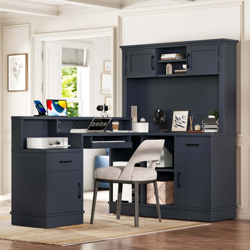 Bureau d'ordinateur en L avec prise de courant, Bleu