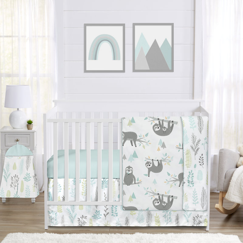 Aqua and Grey Sloth Collection 4 Piece Crib Bedding Set